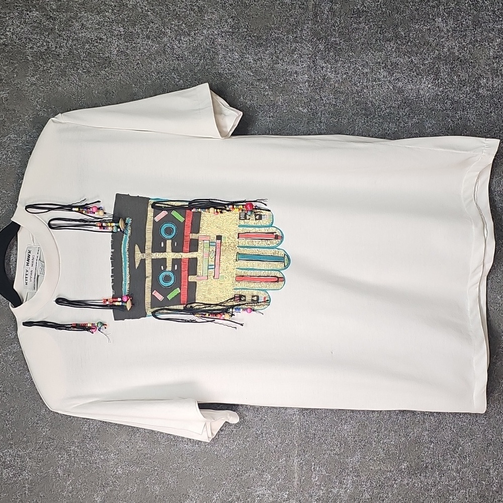 Vtg 80s 90s Vivian Wang Kitty Hawk Beaded Tee, White & Multi, Size Large